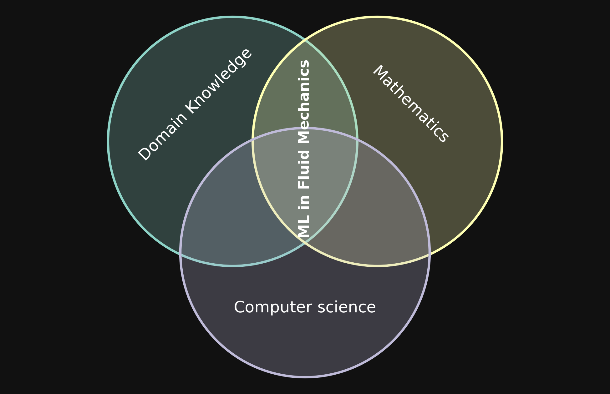 Three overlapping circles for domain knowledge in fluid mechanics, mathematics, and computer science, with machine learning in fluid mechanics at their intersection.